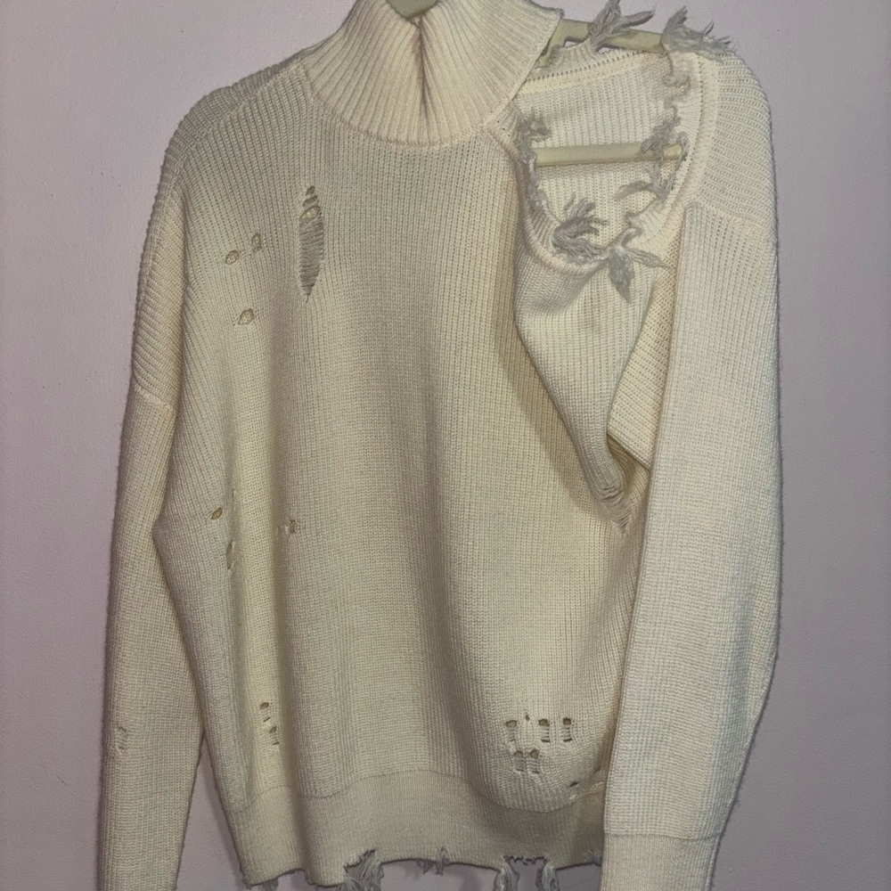 Lovers + Friends Cream Distressed Turtleneck Sweater